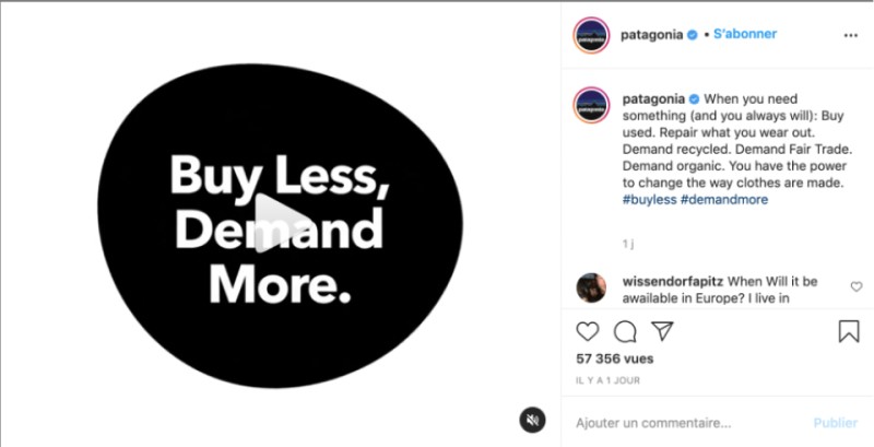 Post instagram de Pantagonia promouvant l'achat de recyclé, fair trade et bio.